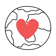 Planet Earth with a heart. Doodle, linear illustration