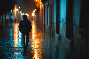 Walking alone on a rainy night down an empty street filled with loneliness Generative AI