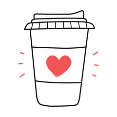 Coffee cup with a heart. Doodle, linear illustration