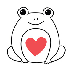 Cute frog with a heart. Doodle, linear illustration