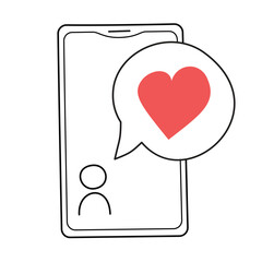 Smartphone, message with heart. Doodle, linear illustration.