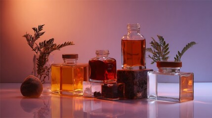 Assorted amber bottles and herbal elements for natural essential oil product branding and wellness composition visuals