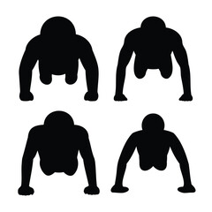 Four dark silhouettes demonstrate various stages of a push-up exercise from an overhead perspective