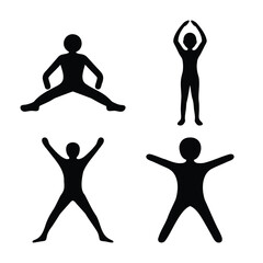 Dynamic silhouettes illustrating various human exercise and stretching postures on a white background