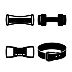 Essential fitness gear icon set featuring dumbbells, resistance band handles, and a workout strap