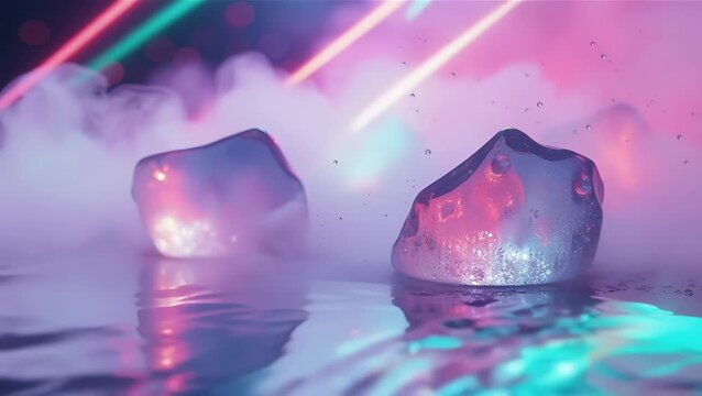 Abstract Ice Blocks in Vibrant Colors with Light Reflections and Mist