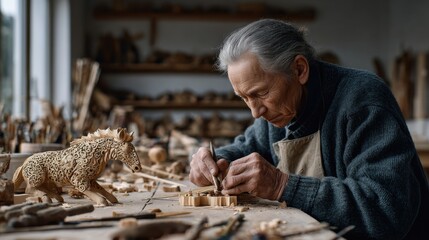 Elderly artisan, focused on intricate wood carving, shapes a detailed horse figurine in a rustic workshop, surrounded by tools and wooden sculptures, showcasing craftsmanship and dedication