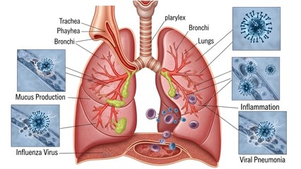 Respiratory system illustration with pathological conditions