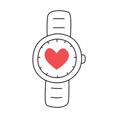 Wristwatch with a heart. Doodle, linear illustration