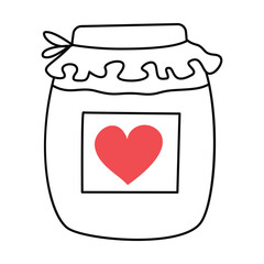 Glass jar with a heart. Doodle, linear illustration