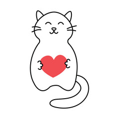 Cute cat with a heart. Doodle, linear illustration