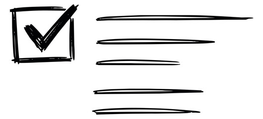 Hand drawn line art checklist elements set featuring a completed check box and multiple blank lines for user interface designs