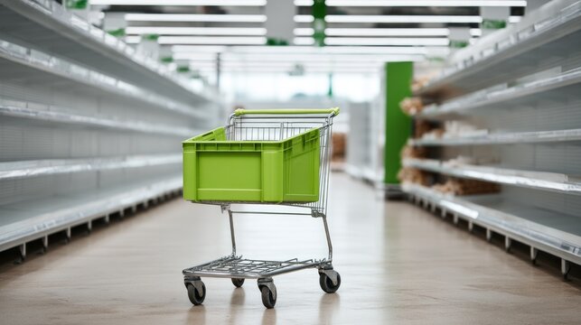 In a quiet supermarket aisle, an empty green shopping cart awaits eagerly amidst the shelves lined with products. Soft light from above illuminates the spacious scene, inviting shoppers