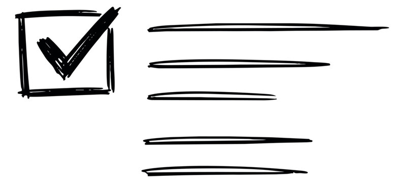 Hand drawn line art checklist elements set featuring a completed check box and multiple blank lines for user interface designs