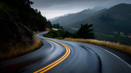 Scenic Curved Mountain Road Through Misty Landscape