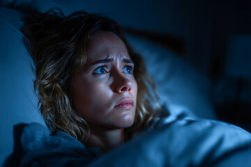 Woman lying awake in bed, struggling with insomnia and anxiety at night Generative AI