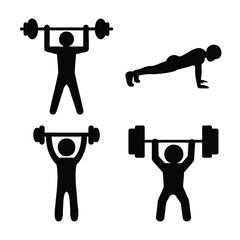 A collection of stick figures illustrating various common fitness and weightlifting exercises