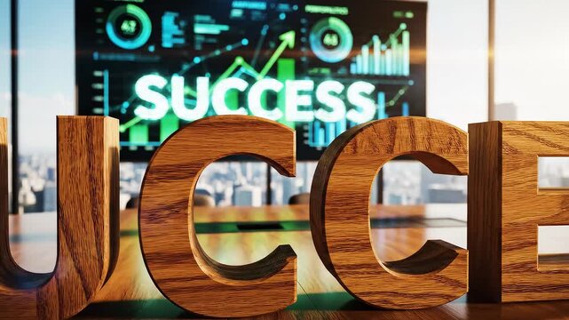 Success performance analytics scene with wooden SUCCESS text
