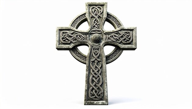 Stone Celtic cross with intricate knotwork, symbolizing eternity, unity, and cultural heritage.