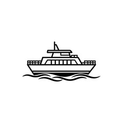 Line art illustration of a ferry boat sailing on water, depicted in a simple black and white style.
