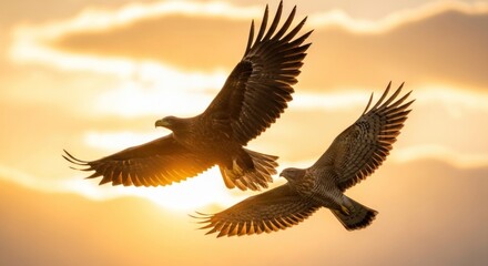 Obraz premium Two Birds Flying at Sunset Together.