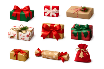 Assortment of nine Christmas gifts isolated on black background. Holiday present variety with colorful bows, ribbons, and wrapping paper.