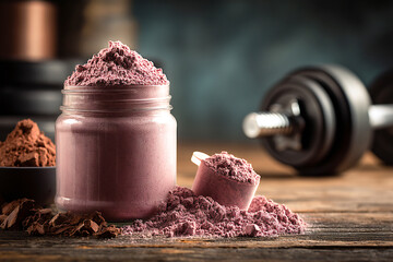 Powder jar with scoop on gym bench surrounded by fitness equipment and weights Generative AI