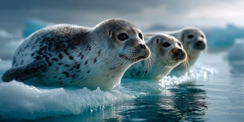 Harp seal pups relaxing on ice floe in arctic ocean