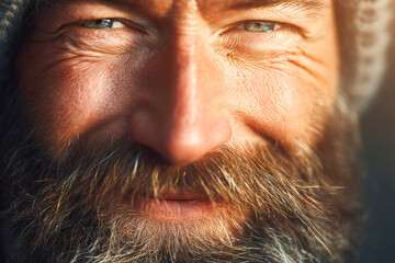 Warm smile from a man with a beard in natural light setting Generative AI