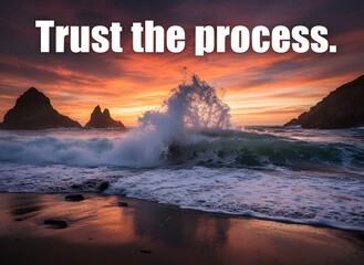 Serene ocean waves crash on rocky shoreline at sunset with inspirational quote with beach and peaceful and nature and landscape and motivation