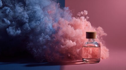 Perfume bottle with colorful smoke cloud creating dramatic fragrance branding and artistic atmosphere
