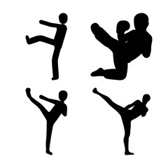 Dynamic martial arts silhouettes illustrating various powerful kicking techniques and combat poses