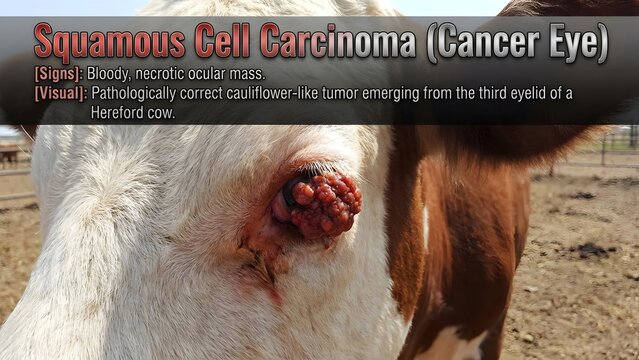 Close up of a hereford cow with a pathologically correct cauliflower like tumor emerging from the third eyelid representing squamous cell carcinoma also known as cancer
