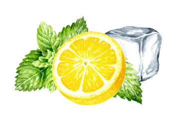 Fresh citrus Lemon, mint and Ice cube,  crystal ice block. Hand painted watercolor illustration isolated on white background