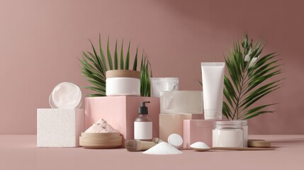 Pastel skincare product set with plants and soft textures representing wellness beauty branding
