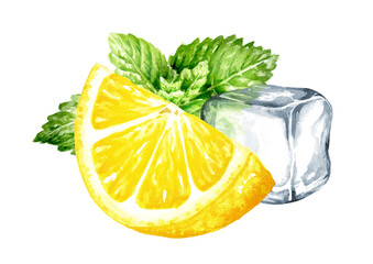Fresh citrus Lemon, mint and Ice cube, crystal ice block. Hand painted watercolor illustration isolated on white background