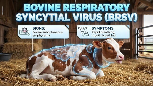 Bovine respiratory syncytial virus brsv infected calf showing severe subcutaneous emphysema and rapid breathing symptoms in a barn with sick animal