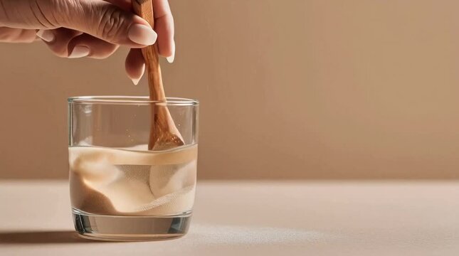 Mixing a creamy drink in a glass with a wooden stirrer, the hand adds a touch of intimacy