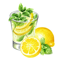 Mojito Glass, Cold fresh lemonade, cool summer drink with Lemon and mint. Hand painted watercolor illustration, isolated on white background