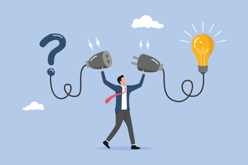 Solution solving problem, leadership to overcome difficulty, businessman connect question mark with lightbulb solution, answer to hard question or creativity idea and innovation help business success. © purnama
