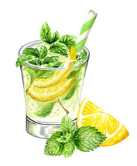 Mojito Glass, Cold fresh lemonade, cool summer drink with Lemon and mint. Hand painted watercolor illustration isolated on white background