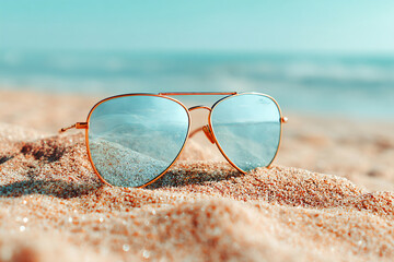 Sunglasses resting on warm sand with ocean waves in the background during sunny day Generative AI