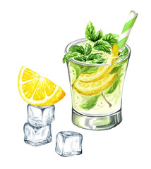 Mojito Glass, Cold fresh lemonade, cool summer drink with lemon, ice and mint set. Hand painted watercolor illustration, isolated on white background