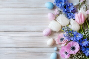 Easter eggs and pastel flowers arrangement on a rustic wooden background