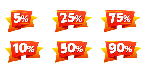 Set of six 3D orange percentage discount ribbons isolated