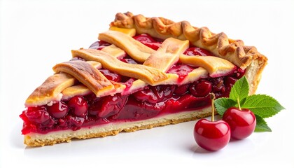 Prompt: "Slice of cherry pie with lattice crust and glossy red filling on neutral background."