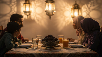Warm ramadan iftar moment with muslim family at dining table