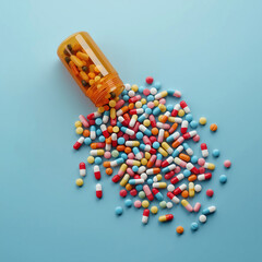 AI image of a colorful pills spilling out on brown bootle set against a calming blue background