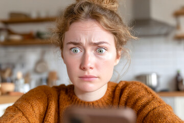 Checking notifications with a worried expression in a cozy kitchen setting Generative AI