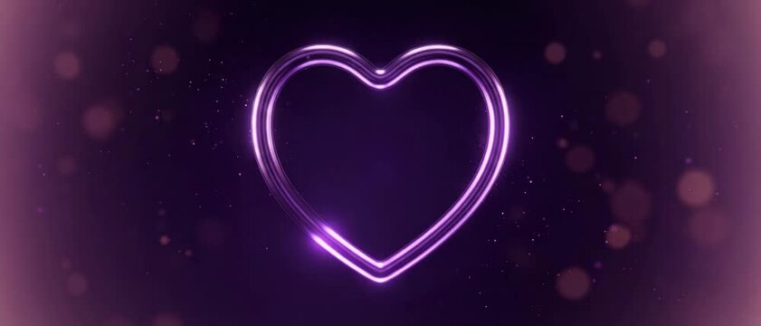 Luxury Purple Glowing Heart Frame Abstract Background with Soft Bokeh Lights for Valentine&rsquo;s Day Template. Love, Romance, Wedding, Celebration and Elegant Holiday Design Concept. Panoramic Video